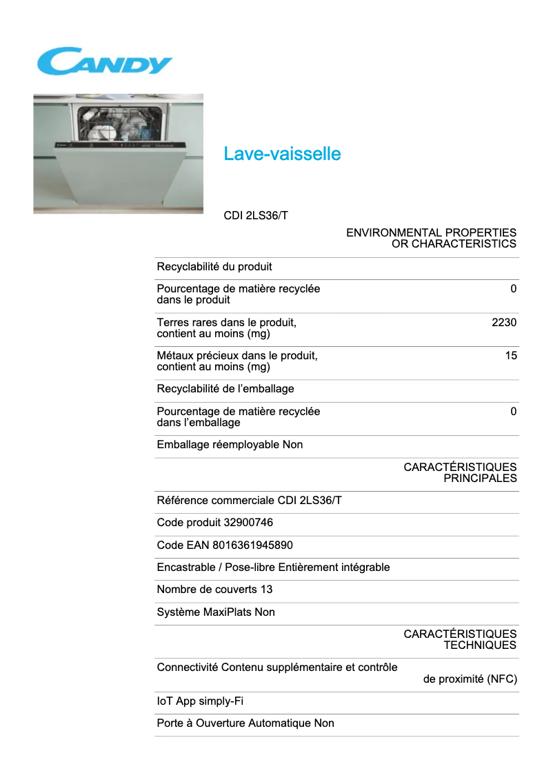 Page 1 de la notice Fiche technique Candy CDI 2LS36/T