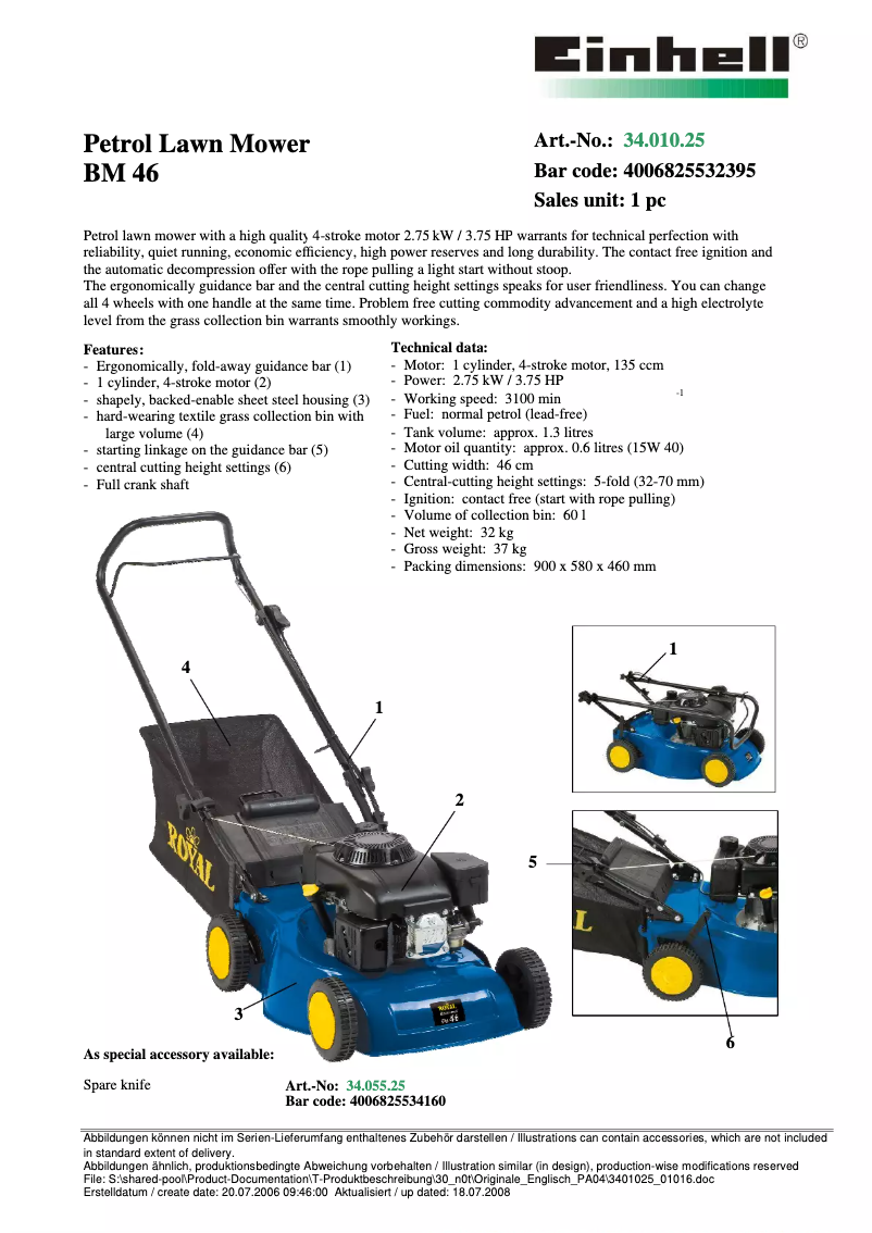Page 1 de la notice Manuel utilisateur Einhell Royal BM 46