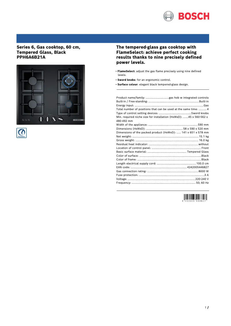 Page 1 de la notice Fiche technique Bosch PPH6A6B21A