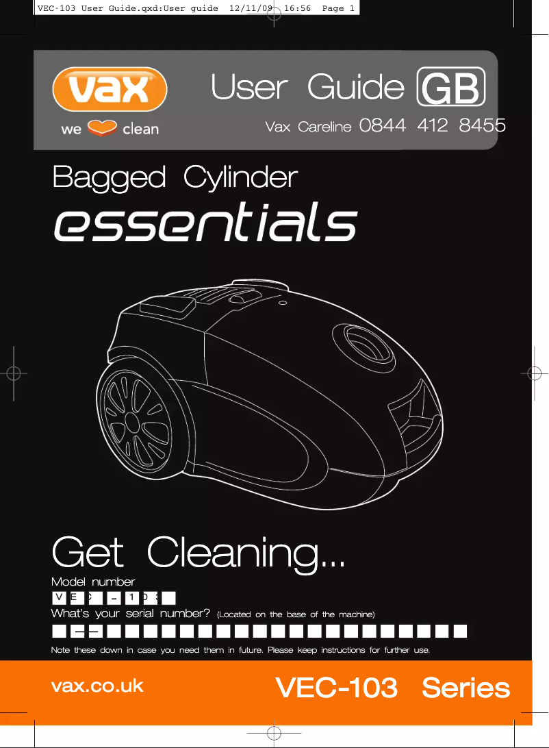 Page 1 de la notice Manuel utilisateur Vax Essentials VEC 103