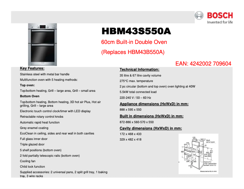 Page 1 de la notice Fiche technique Bosch HBM43S550A