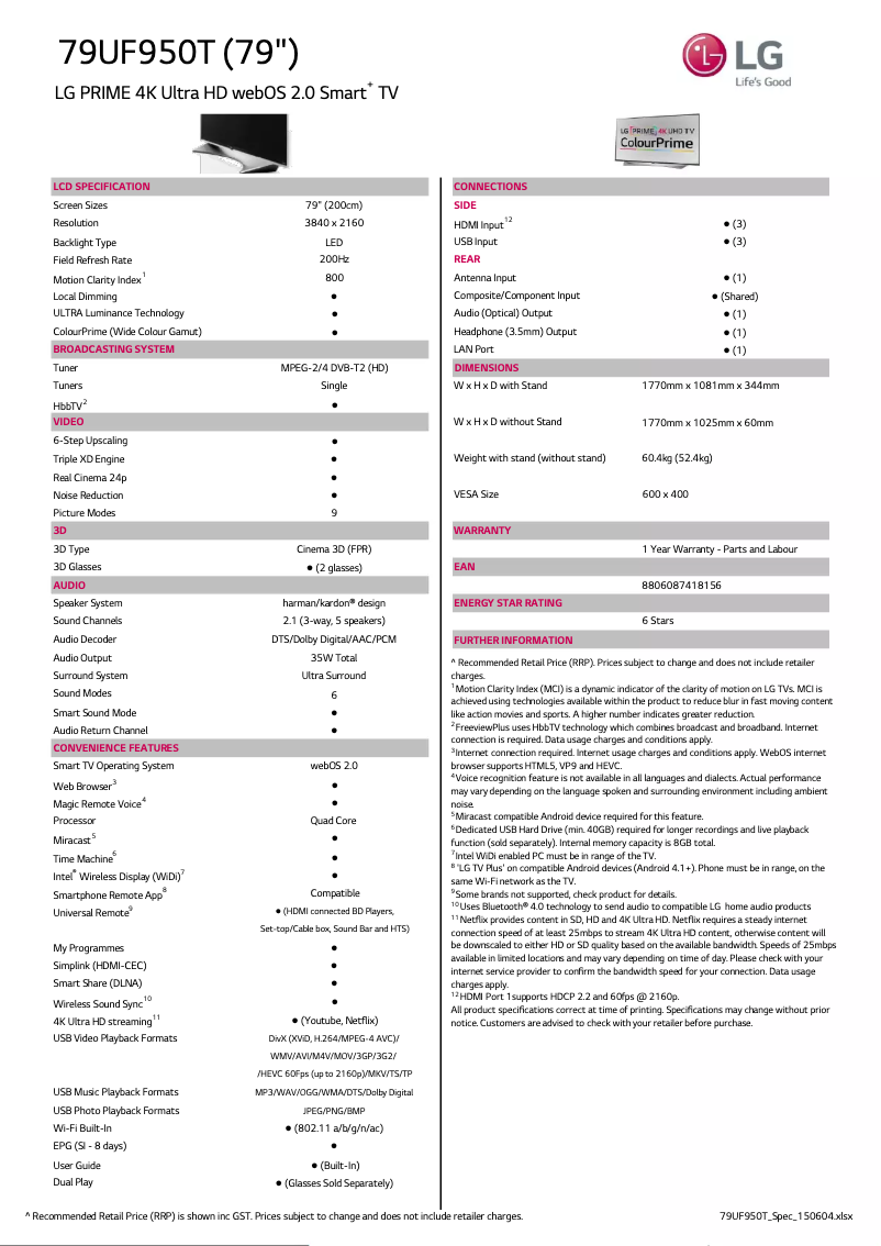 Page 1 de la notice Fiche technique LG 79UF950T