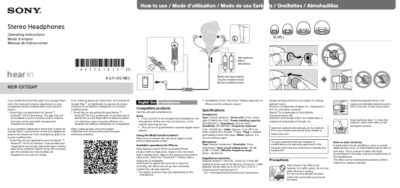 Página 1 del manual Manual de usuario Sony MDR-EX750AP
