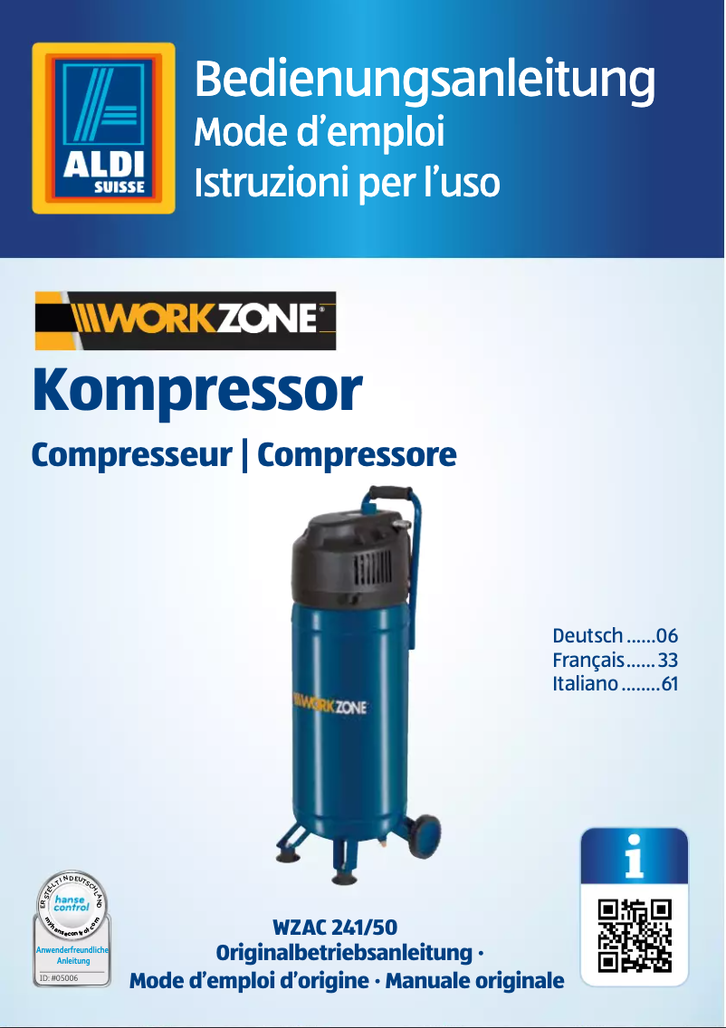 Page 1 de la notice Manuel utilisateur Workzone WZAC 241/50