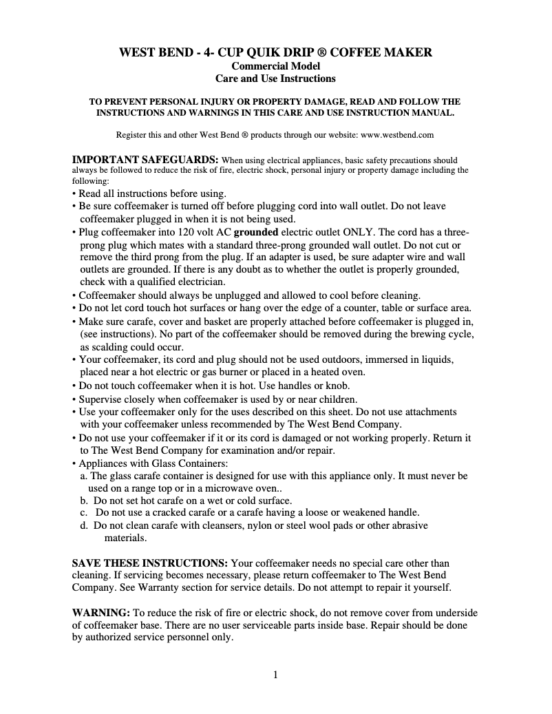 Page 1 de la notice Manuel utilisateur WestBend 56754