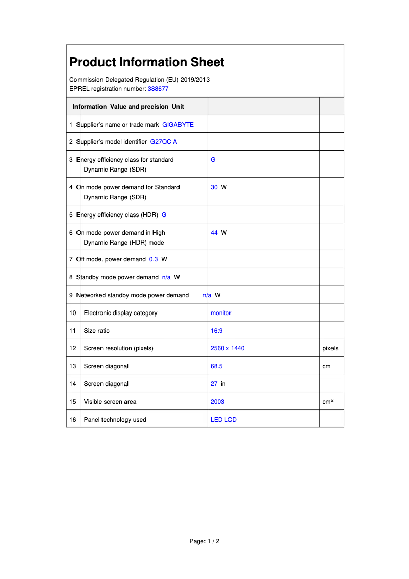 Page n°1 - Fiche technique Gigabyte G27QC A