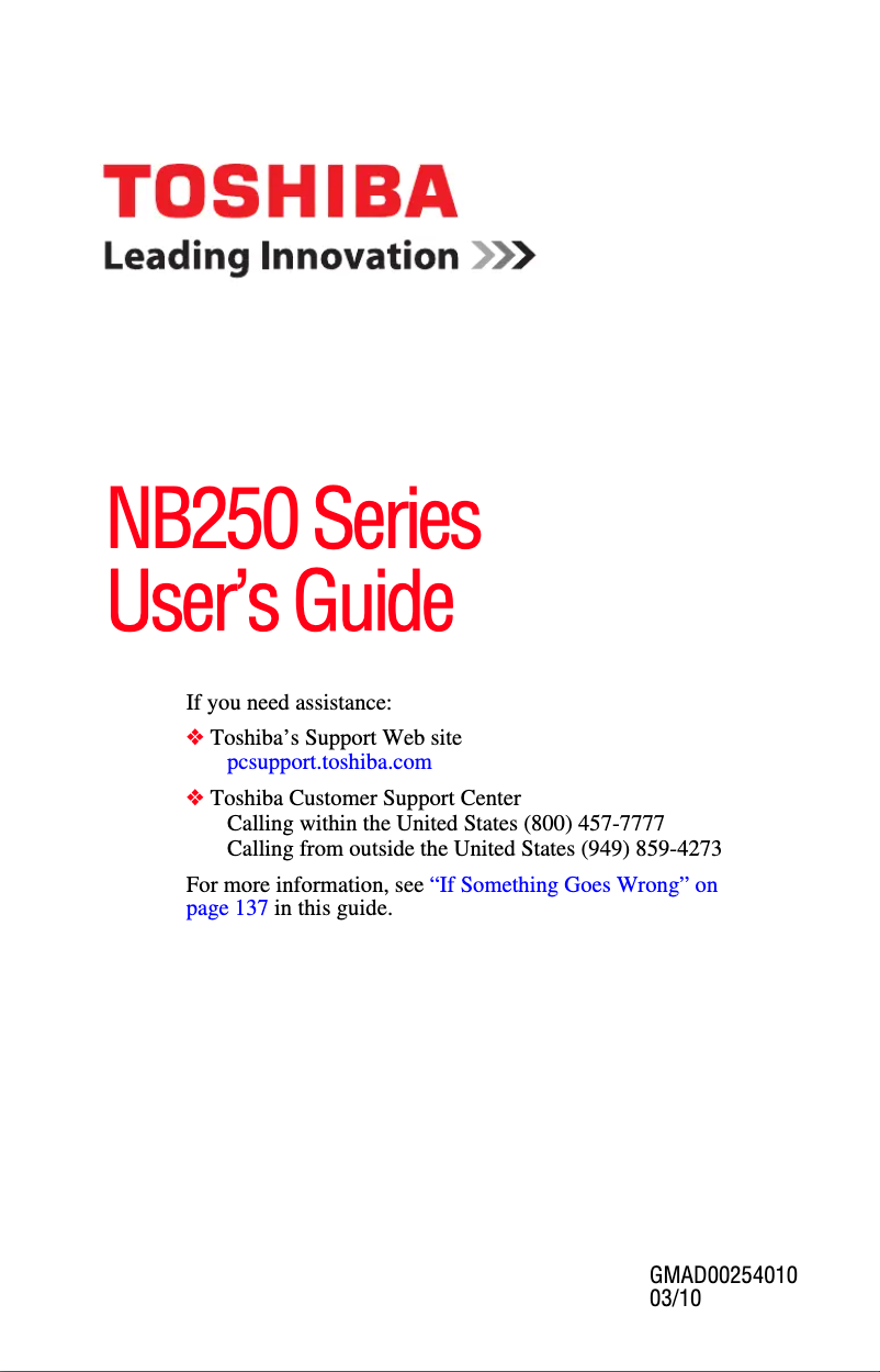 Page 1 de la notice Manuel utilisateur Toshiba NB250