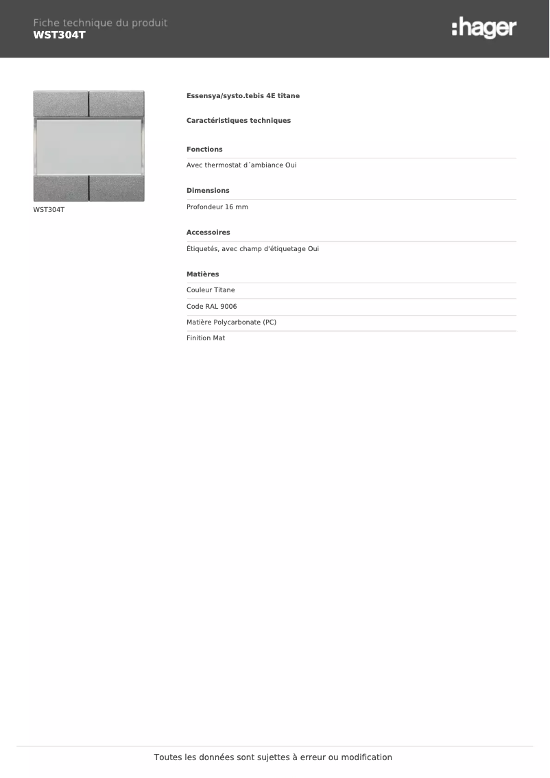 Page n°1 - Fiche technique Hager WST304T