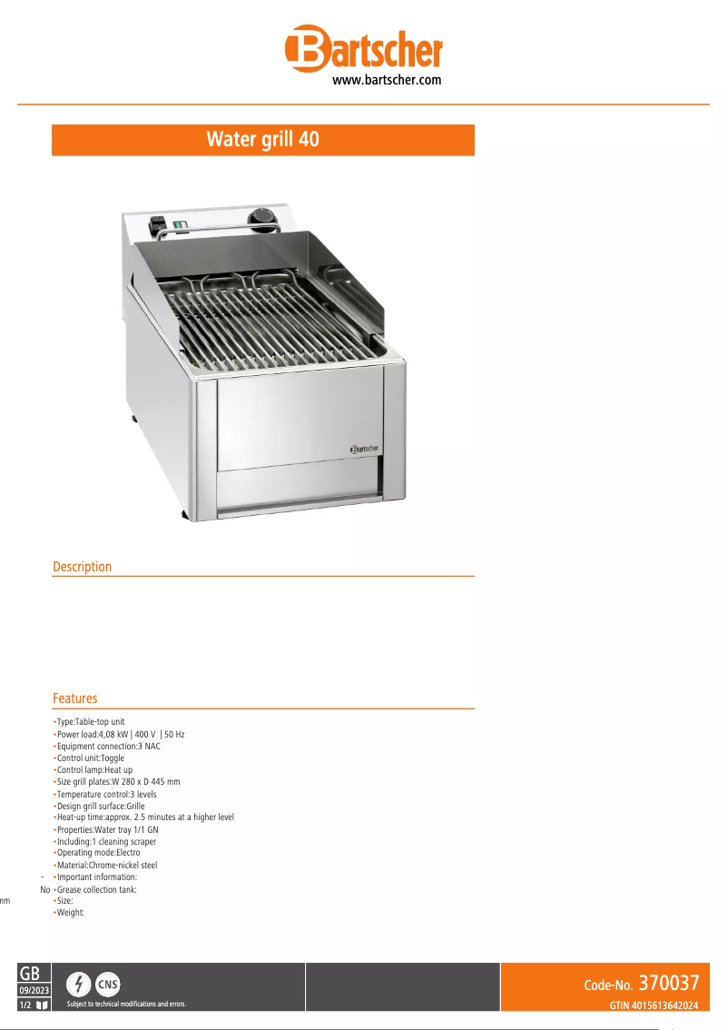 Page n°1 - Fiche technique Bartscher 370037