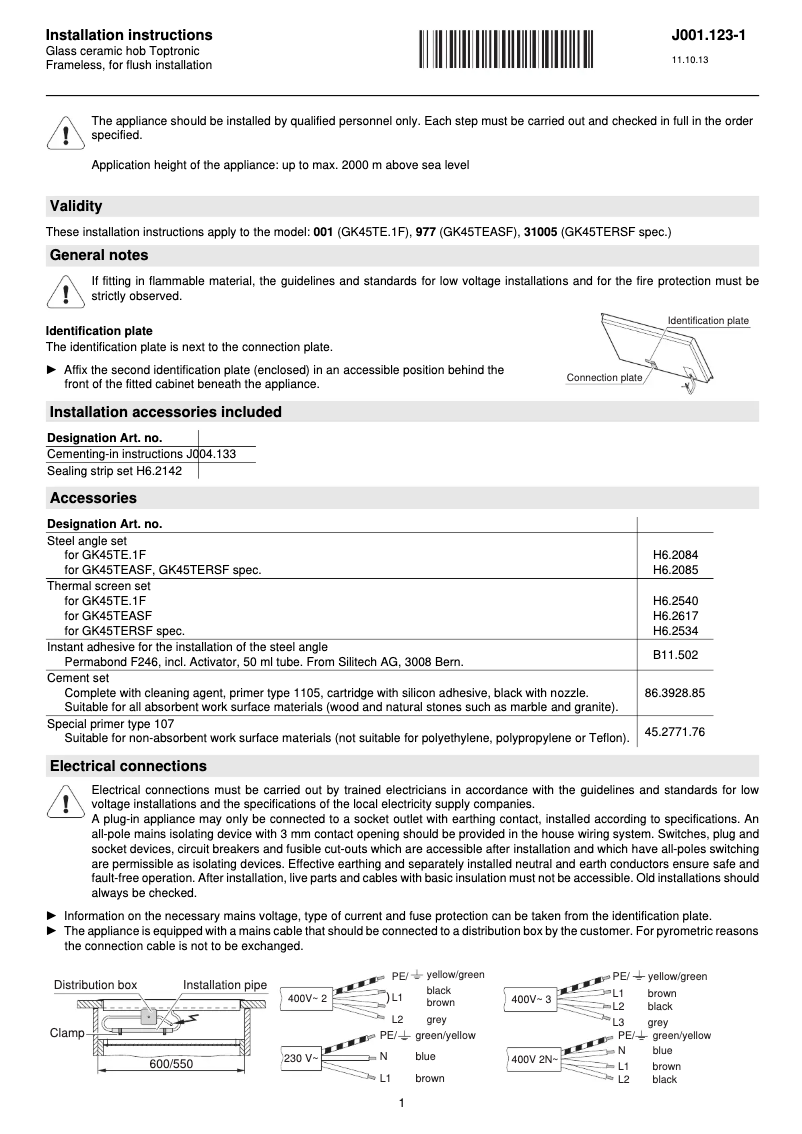 Page 1 de la notice Guide d'installation V-Zug GK45TEASF