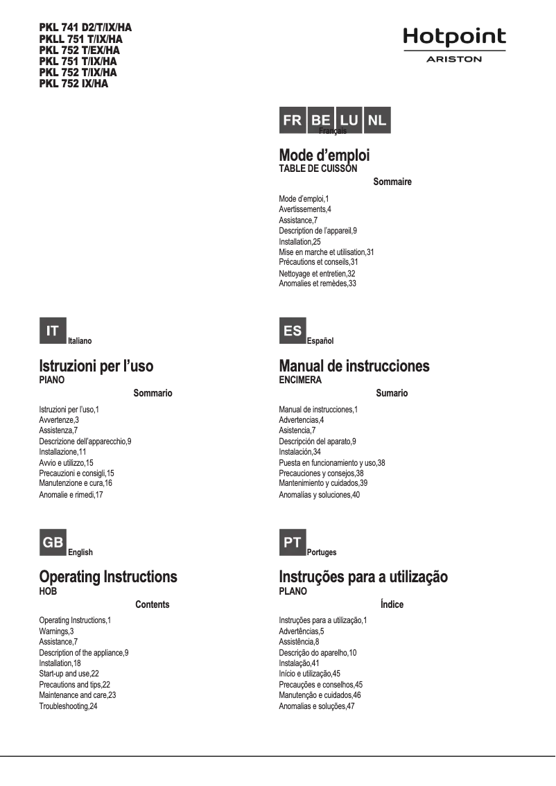 Page 1 de la notice Manuel utilisateur Hotpoint PKL 751 T/IX/HA