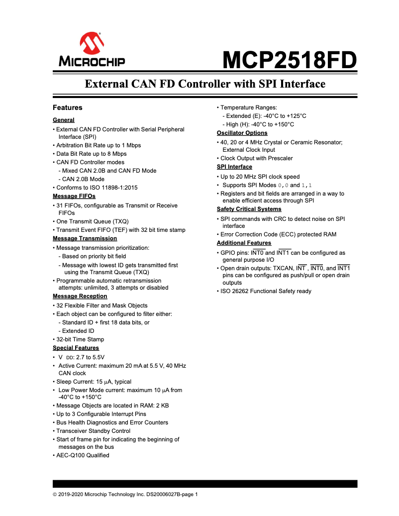 Page 1 de la notice Fiche technique Microchip MCP2518FD