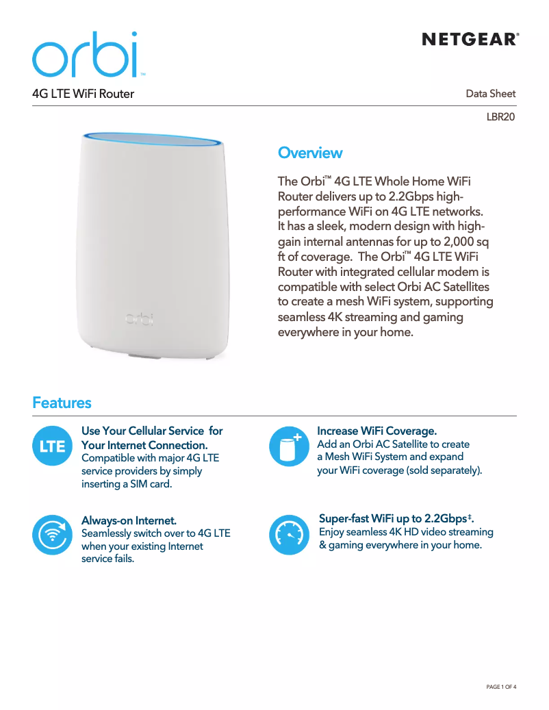 Page 1 de la notice Fiche technique Netgear Orbi LBR20