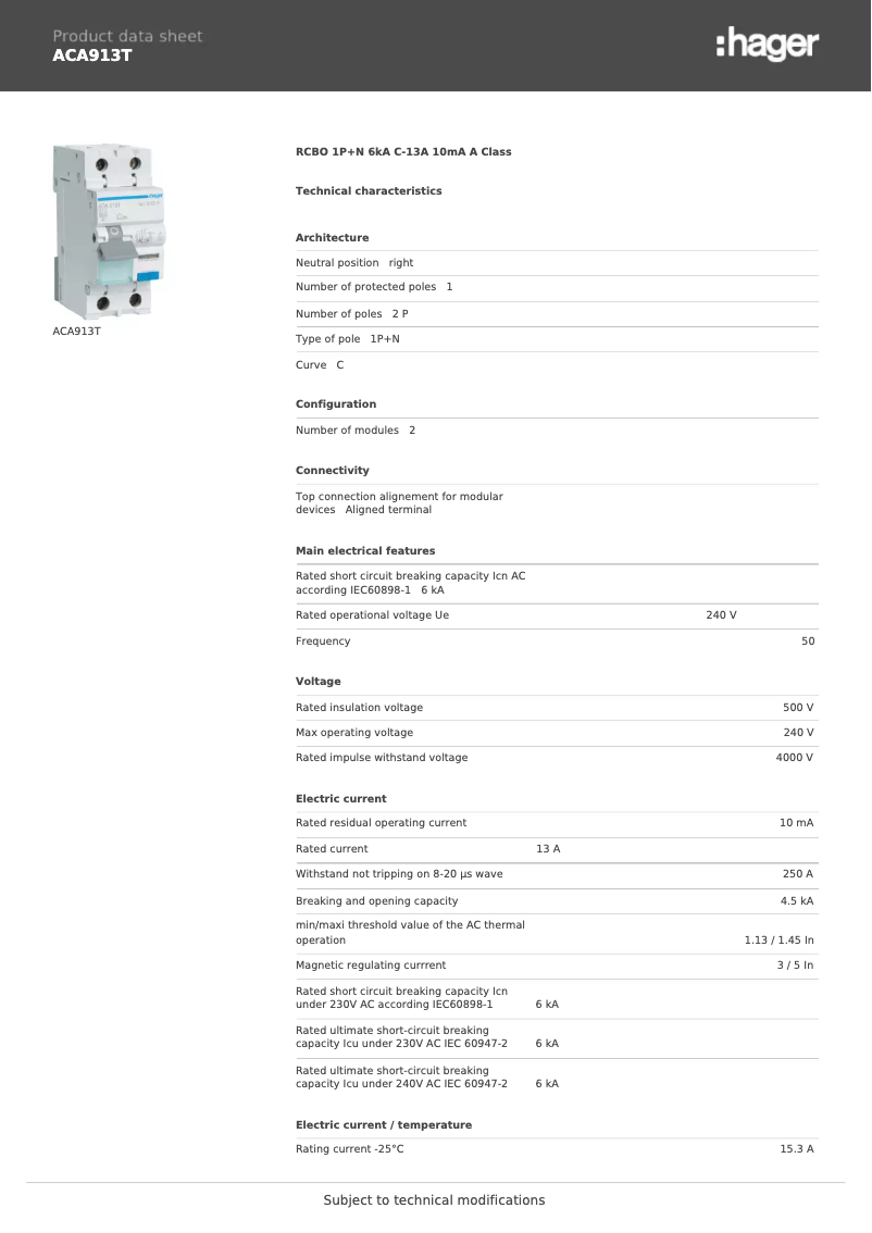 Page n°1 - Fiche technique Hager ACA913T