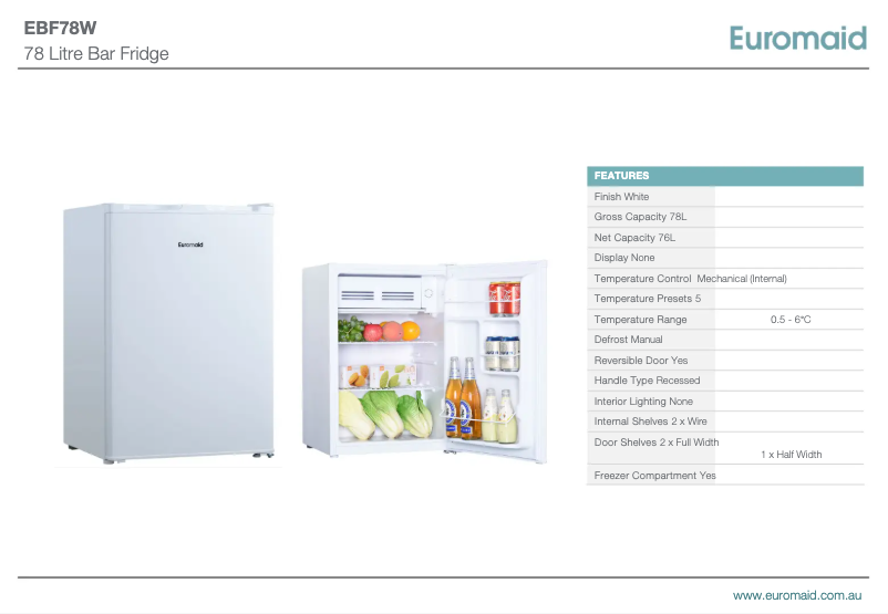 Página 1 del manual Ficha técnica Euromaid EBF78W