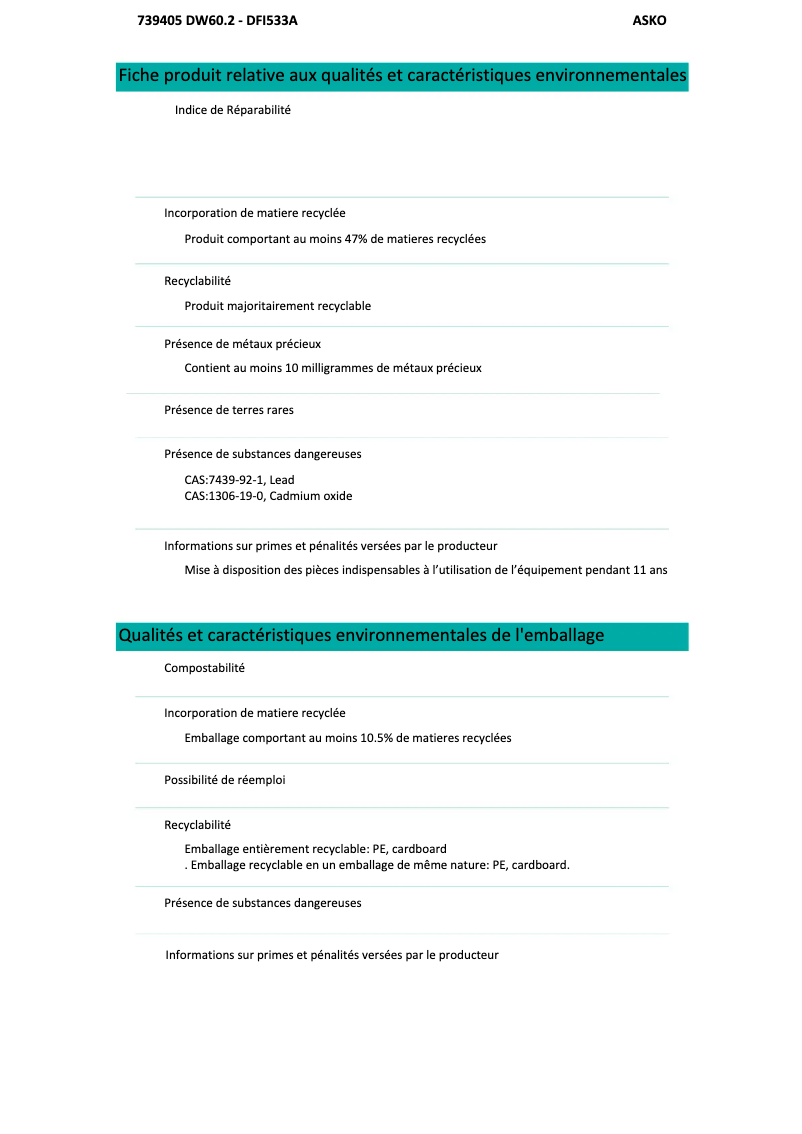 Page 1 de la notice Fiche technique Asko DFI533A