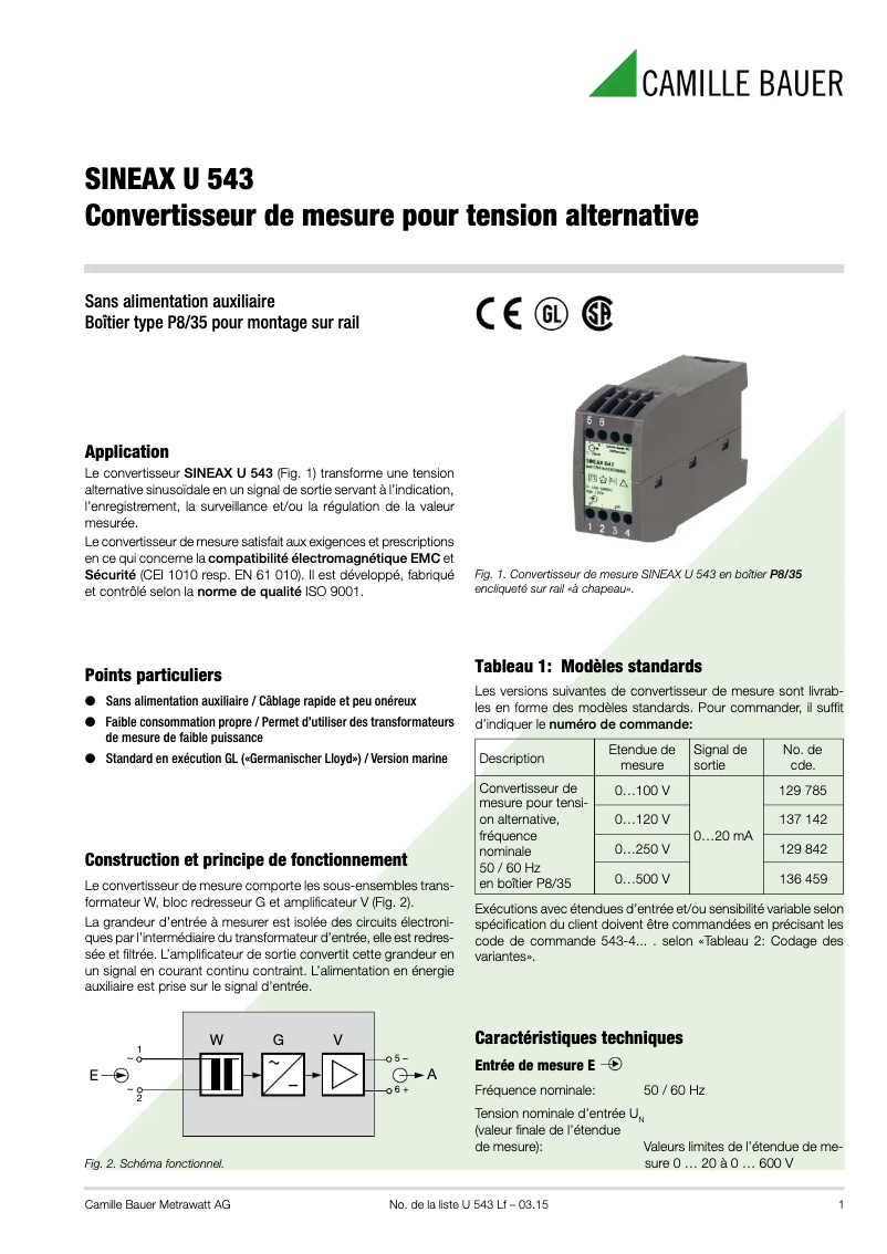 Page 1 de la notice Fiche technique Camille Bauer Sineax U543