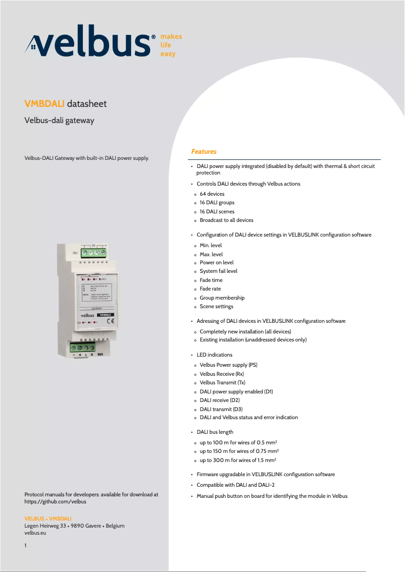 Page 1 de la notice Fiche technique Velbus VMBDALI