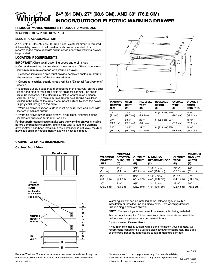 Page n°1 - Fiche technique KitchenAid KOWT104ESS