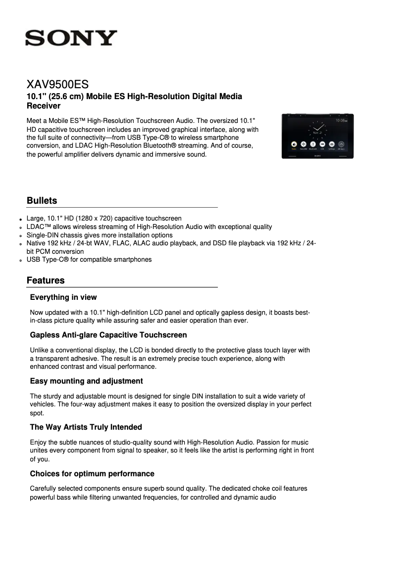 Page 1 de la notice Fiche technique Sony XAV-9500ES