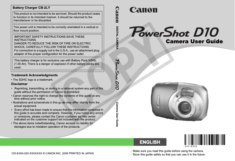 Page 1 de la notice Manuel utilisateur Canon PowerShot D10