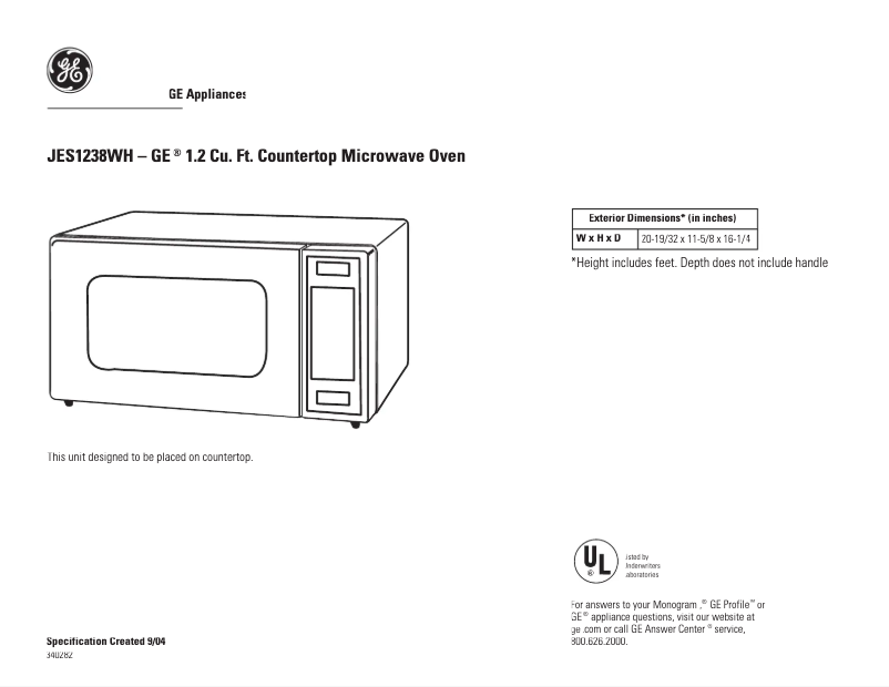 Page n°1 - Fiche technique GE JES1238WH