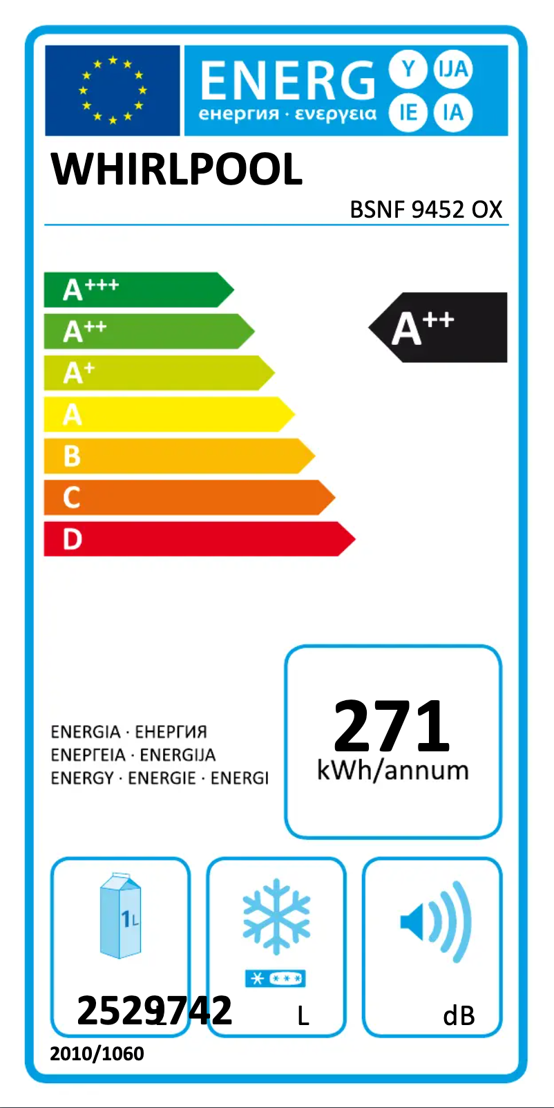 Page n°1 - Label énergétique Whirlpool BSNF 9452 OX