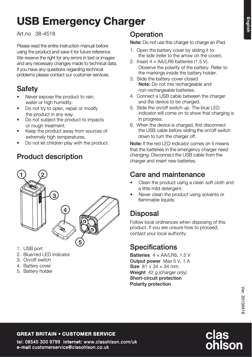 Page 1 de la notice Manuel utilisateur Clas Ohlson 38-4518