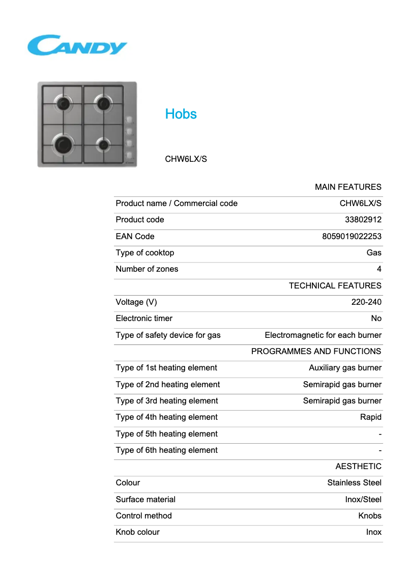 Page 1 de la notice Fiche technique Candy CHW6LX/S