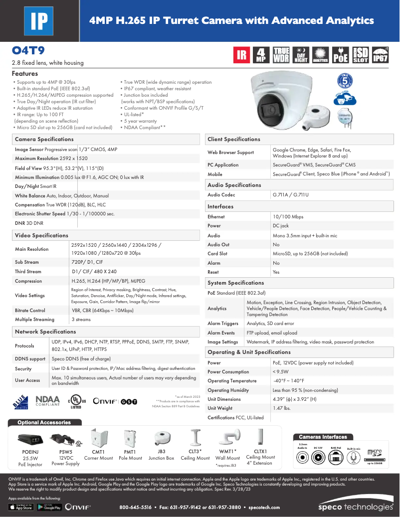 Page 1 de la notice Fiche technique Speco Technologies O4T9