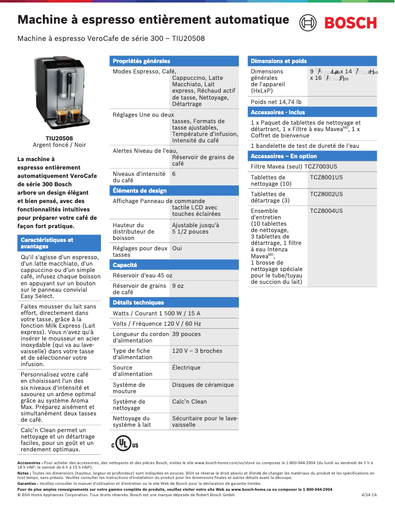 Page n°1 - Fiche technique Bosch TIU20508