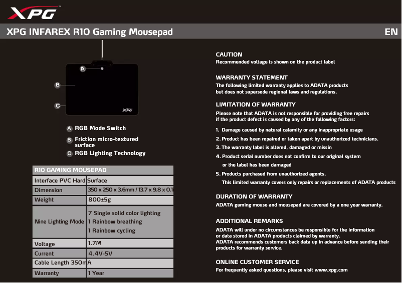 Page n°1 - Manuel utilisateur ADATA XPG INFAREX R10