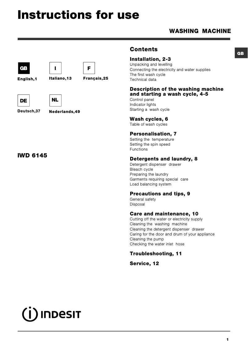 Page 1 de la notice Manuel utilisateur Indesit IWD 6145