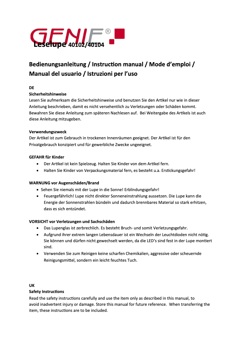 Page 1 de la notice Manuel utilisateur Genie M75