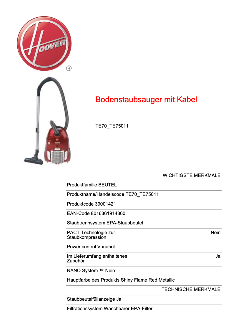 Page n°1 - Fiche technique Hoover Telios Plus TE70TE75