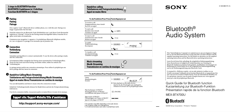Page 1 de la notice Manuel utilisateur Sony MEX-BT4700U
