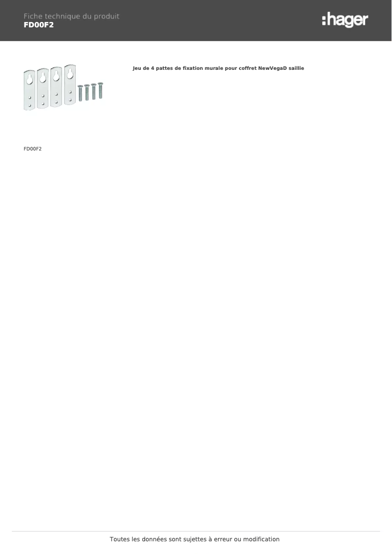 Page 1 de la notice Fiche technique Hager FD00F2