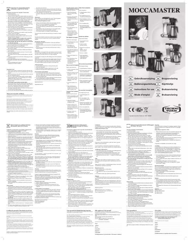 Page 1 de la notice Manuel utilisateur Moccamaster KTB 741