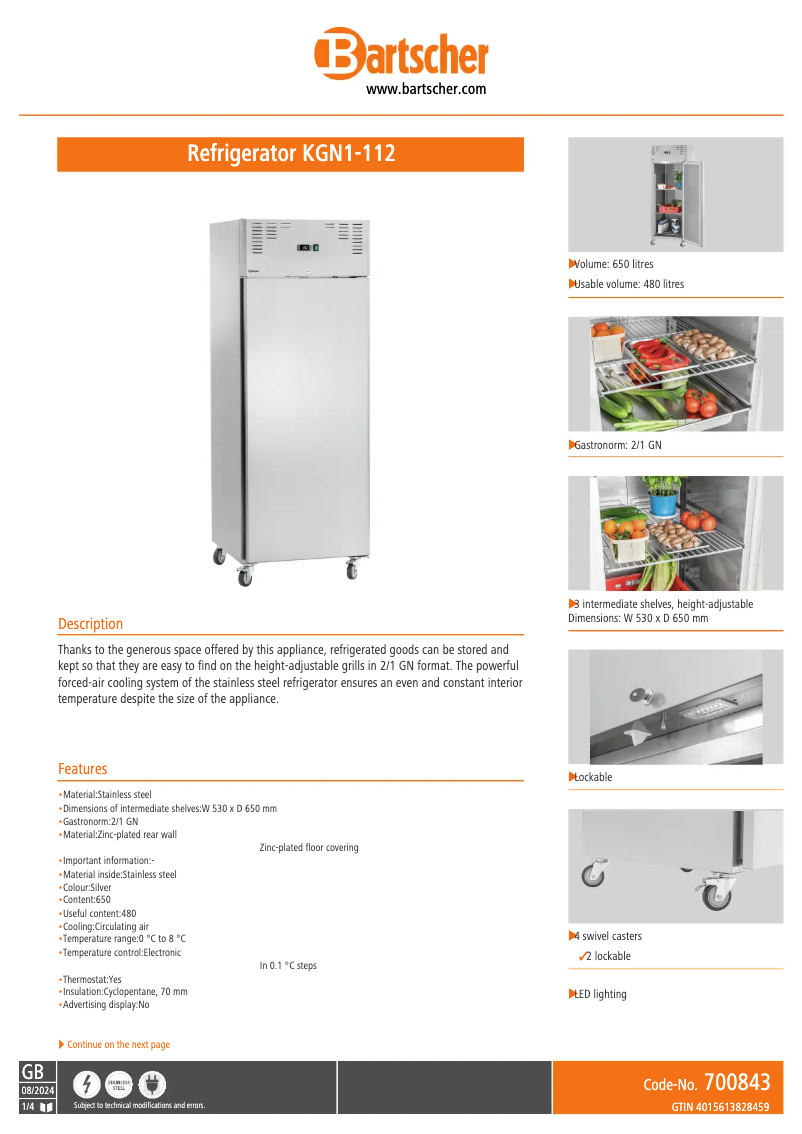 Página 1 del manual Ficha técnica Bartscher KGN1-112