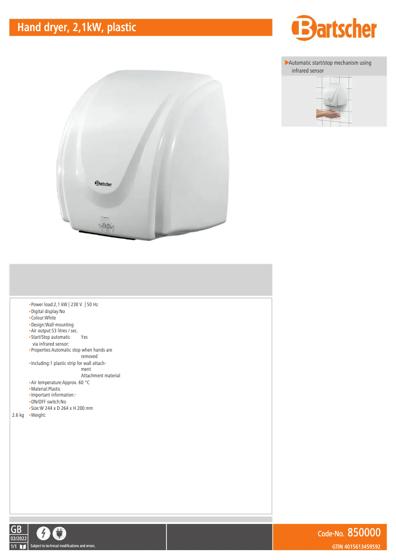 Page n°1 - Fiche technique Bartscher SC-AKX14EG