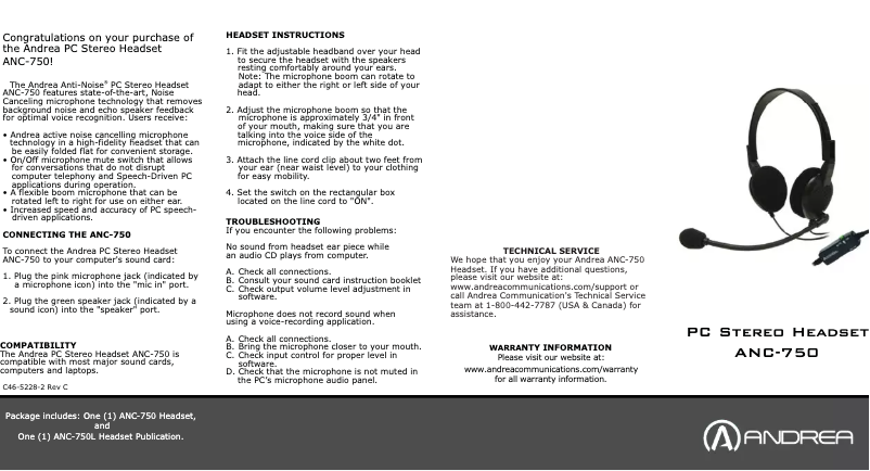 Page 1 de la notice Manuel utilisateur Andrea ANC-750