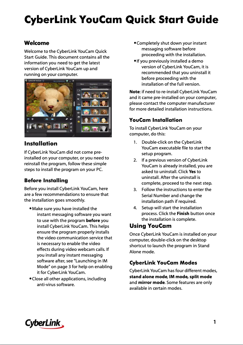 Page 1 de la notice Guide de démarrage rapide Cyberlink YouCam 5