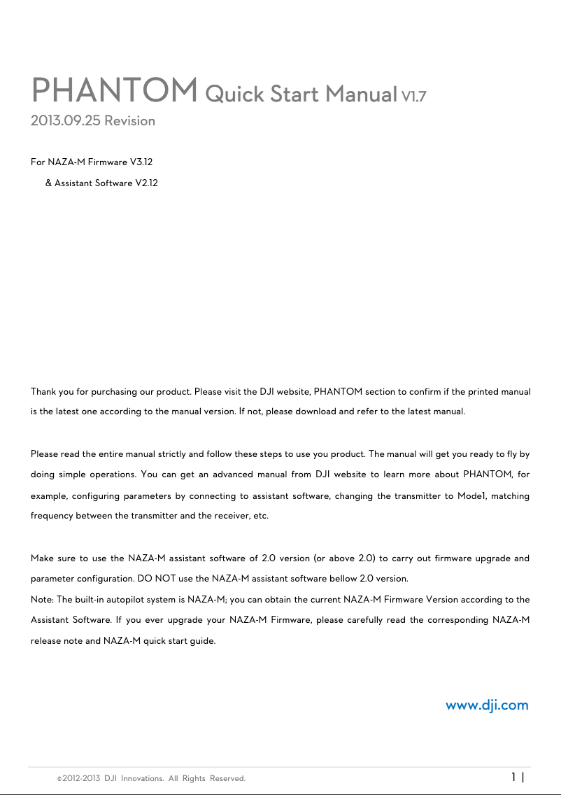 Page 1 de la notice Guide de démarrage rapide DJI Phantom