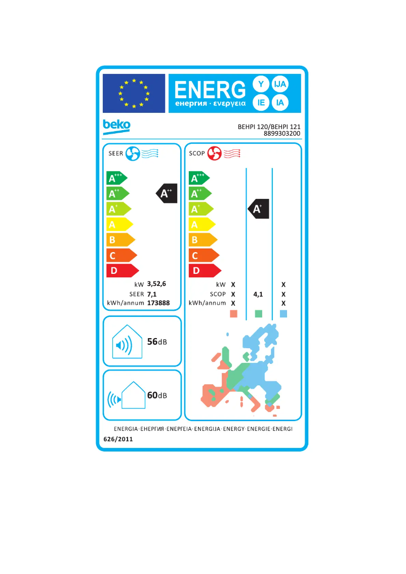 Page 1 de la notice Label énergétique Beko BEHPI 120/ BEHPI 121