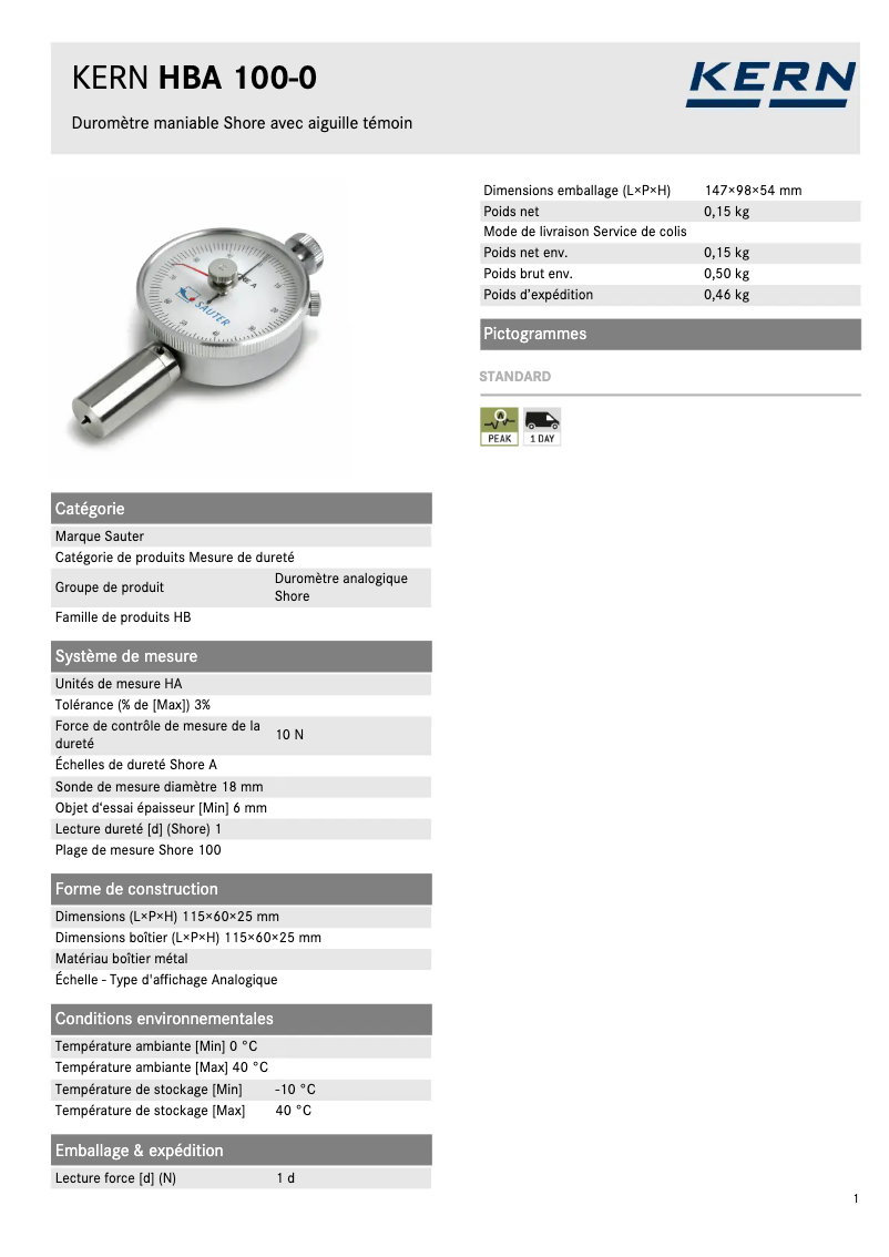 Page 1 de la notice Fiche technique Kern HBA 100-0