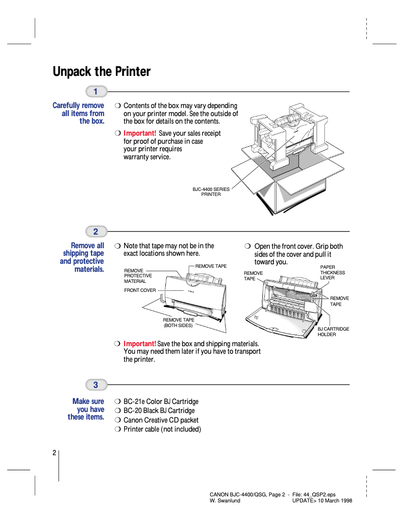 Page 1 de la notice Guide de démarrage rapide Canon BJC-4400