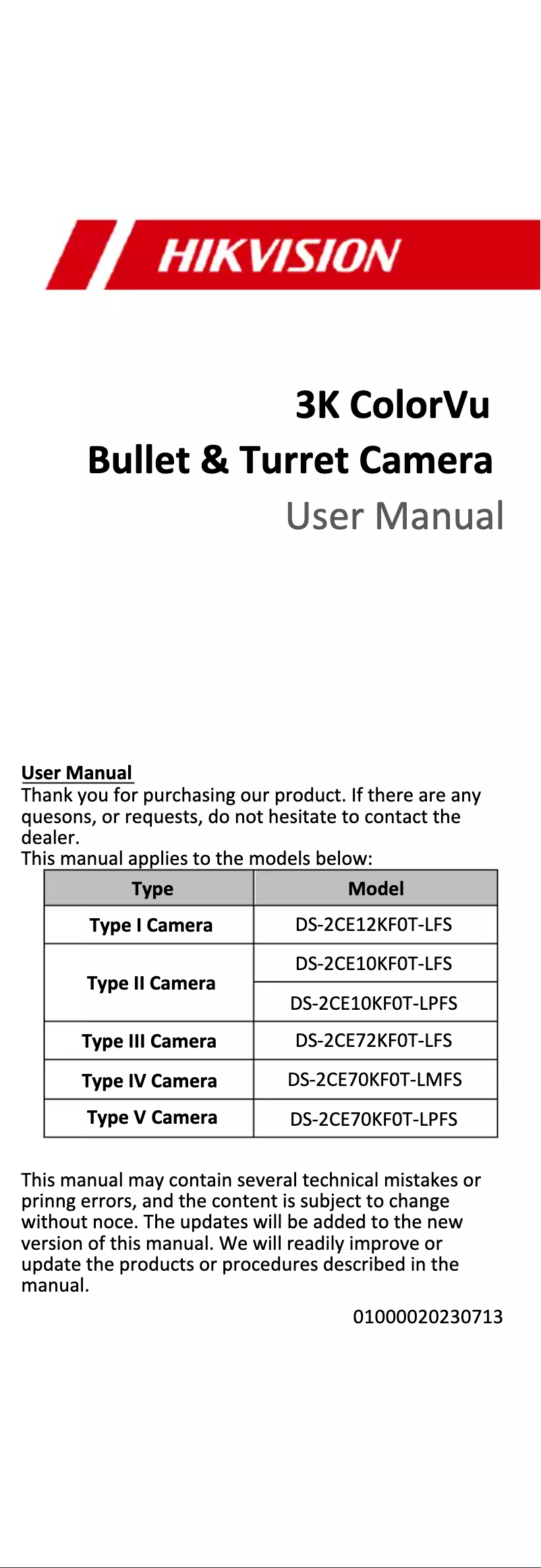 Page n°1 - Manuel utilisateur Hikvision DS-2CE12KF0T-LFS
