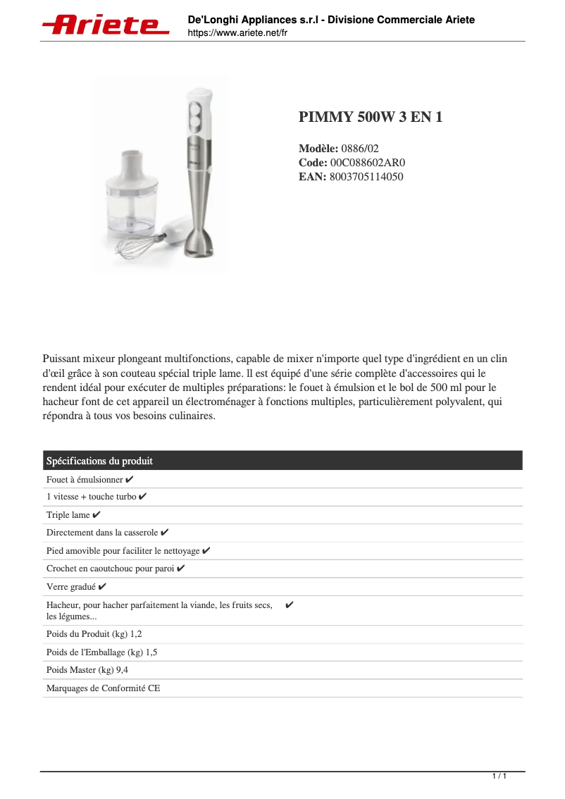 Page 1 de la notice Fiche technique Ariete Pimmy 886