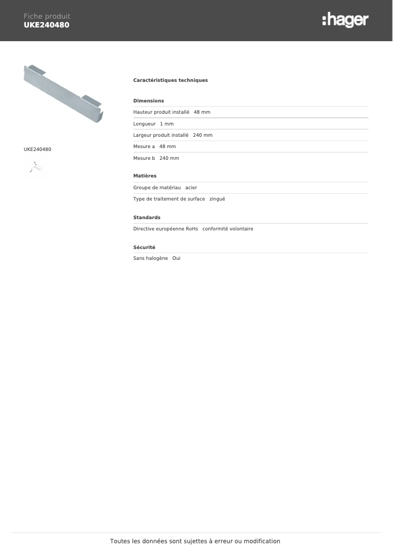 Page 1 de la notice Fiche technique Hager UKE240480