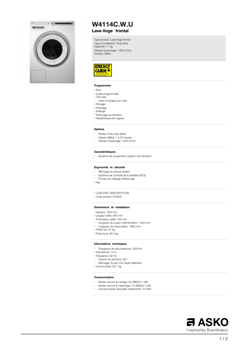 Page n°1 - Fiche technique Asko W4114C.W.U